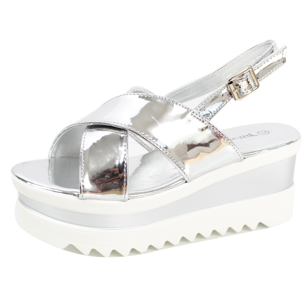 Silver Shimmer Open Toe Criss Cross Slingback - Picture 2 of 6